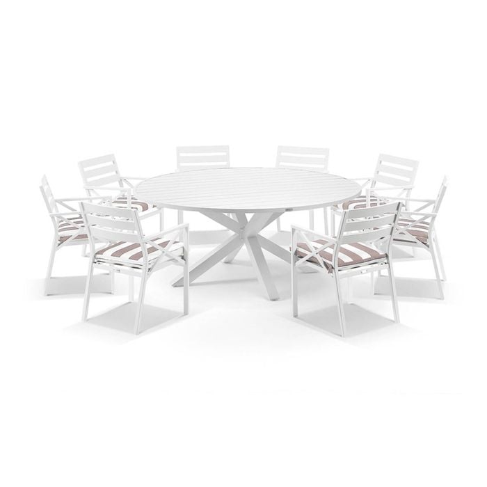 Houston Outdoor 1.8m Round Dining Set White With 8 Kansas Chairs & Sunbrella Maxim Heather Beige Cushions