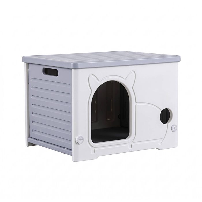 i.Pet Cat House Enclosed Shelter Plastic Nest Stackable Bench Box Outdoor Indoor Grey