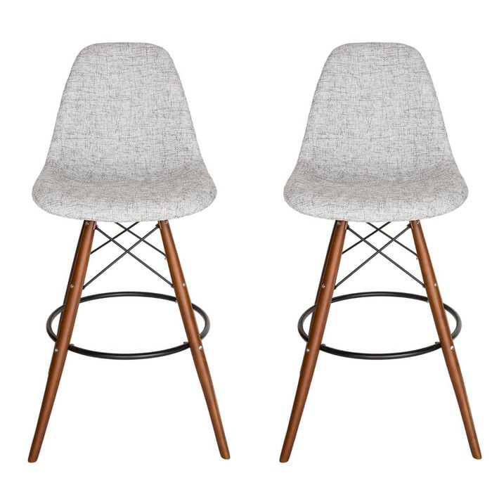 SK Designer Living | Pack of 2 | Replica Eames DSW Stool | Fabric & Walnut - Textured Light Grey