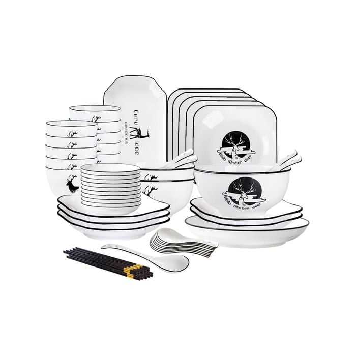 SOGA 34Pcs White Antler Printed Ceramic Dinnerware Set