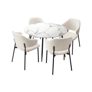 Oikiture 5PCS Dining sets 110cm Round Table with Chairs Sherpa White&Black
