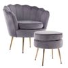 Armchair Velvet Shell Scallop + Ottoman Foot Stool - GREY - Not applicable | Grey | High Resilience Foam,Wood