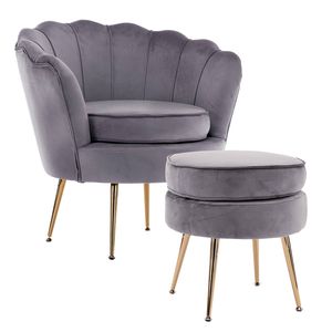 Armchair Velvet Shell Scallop + Ottoman Foot Stool - GREY - Not applicable | Grey | High Resilience Foam,Wood