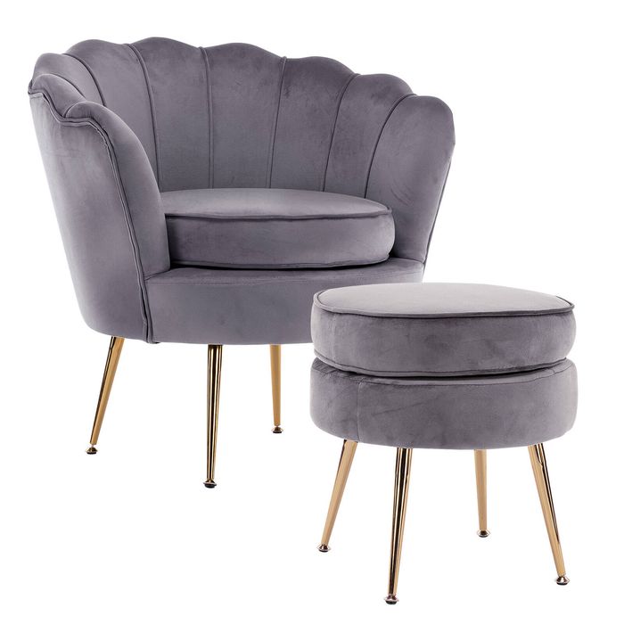 Armchair Velvet Shell Scallop + Ottoman Foot Stool - GREY - Not applicable | Grey | High Resilience Foam,Wood