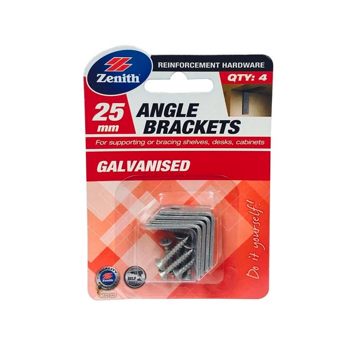 Zenith 25mm Galvanised Angle Bracket - 4 Pack