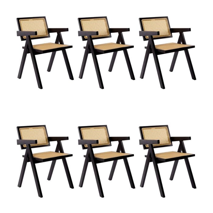 Korina Carver 6pc Set Dining Arm Chair Solid Timber Wood Rattan Wicker Black