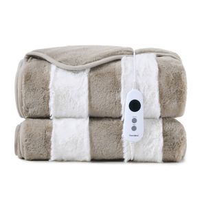 Dreamaker Denver Carved Stripe Premium Faux Fur Electric Heated Throw Blanket Natural 180x200cm | Overheat Protection & Washable