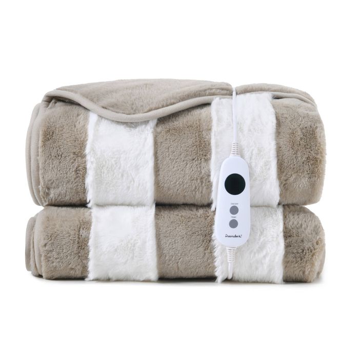 Dreamaker Denver Carved Stripe Premium Faux Fur Electric Heated Throw Blanket Natural 180x200cm | Overheat Protection & Washable