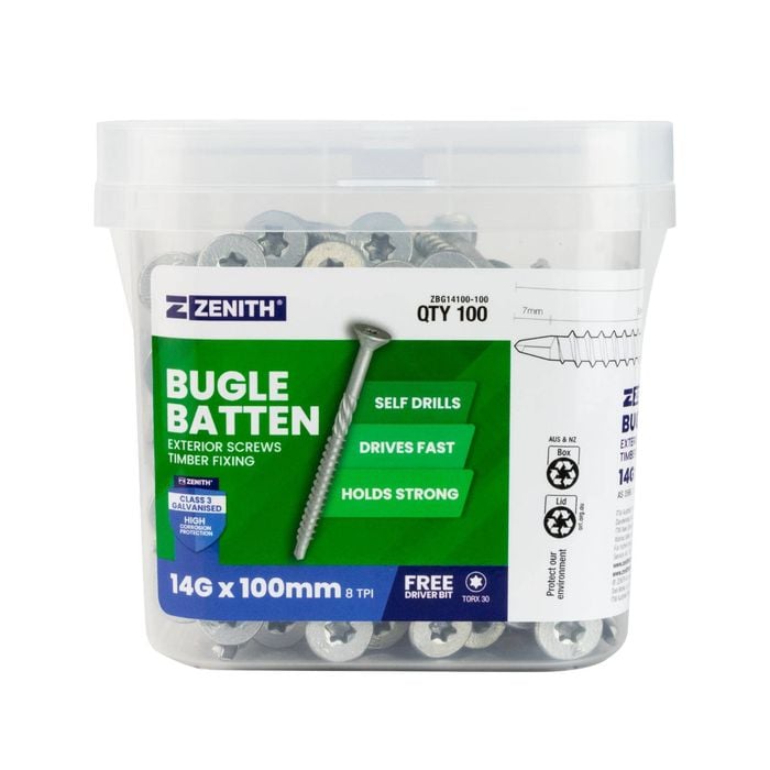 ZENITH 14G - 8 x 100mm Class 3 Galvanised Bugle Batten Screws - 100 Pack