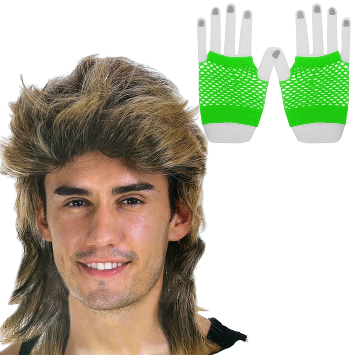 2Pcs Set Golden Blonde Bullet Wig + Fishnet Gloves 70s 80s Wos Costume Party FLUROGREEN One-Size
