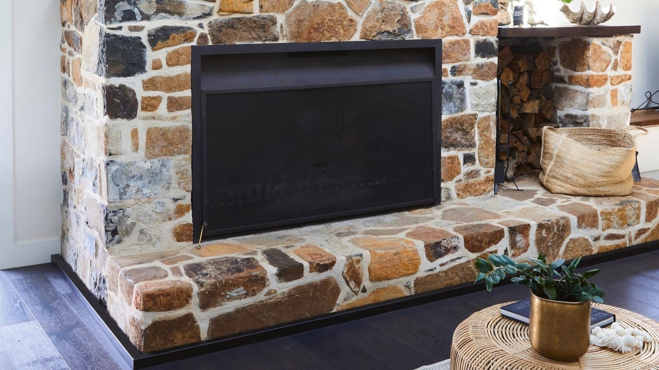 Built-in stone fireplace