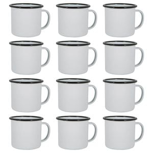 Argon Tableware 375ml Enamel Mugs - Black Rim - Set Of 12 Metal Drinking Cups Coffee Teacup Mug Set Hot, Cold Drinks Cups