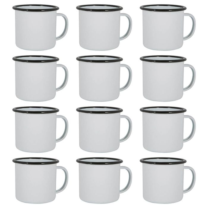 Argon Tableware 375ml Enamel Mugs - Black Rim - Set Of 12 Metal Drinking Cups Coffee Teacup Mug Set Hot, Cold Drinks Cups