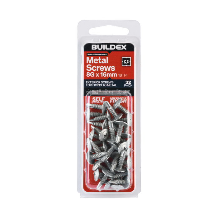 Buildex 8G x 16mm Class 3 Sheet Metal Screws - 32 Pack
