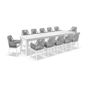Santorini 3.55m Outdoor Aluminium Dining Table White With 12 Hugo Chairs & Textured Olefin Grey Cushions