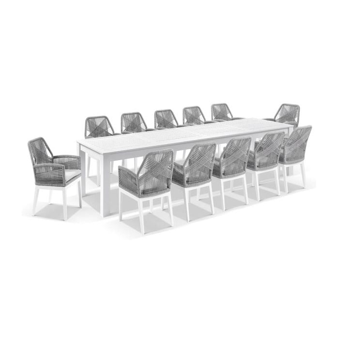 Santorini 3.55m Outdoor Aluminium Dining Table White With 12 Hugo Chairs & Textured Olefin Grey Cushions