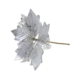 Catzon 6 Pcs Glitter Christmas Flowers with Stem Artificial Poinsettia-Silver