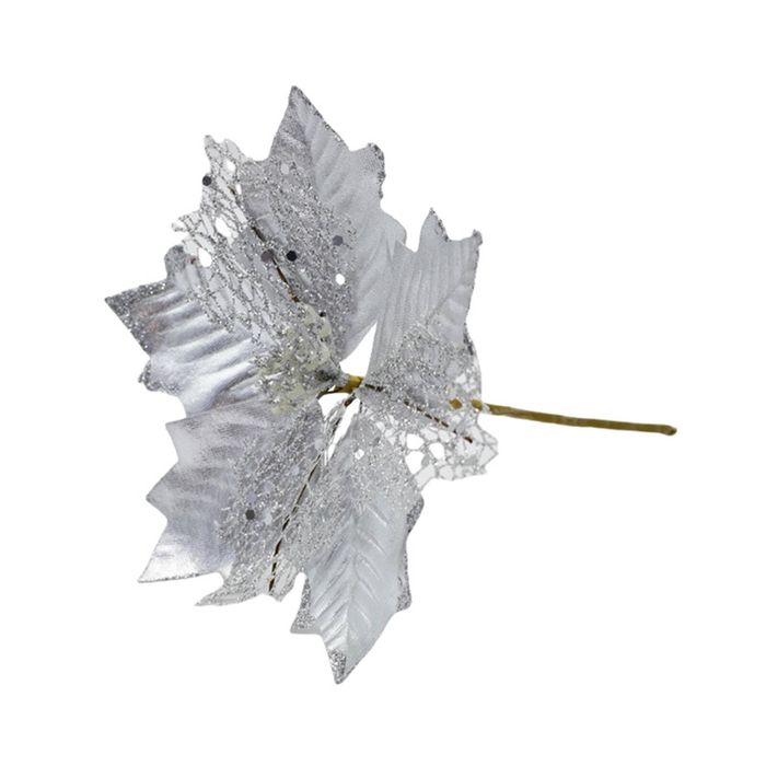 Catzon 6 Pcs Glitter Christmas Flowers with Stem Artificial Poinsettia-Silver