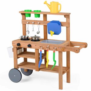Costway Kid Mud Kitchen Rolling Play Pretend Flowerpot 15 Accessories
