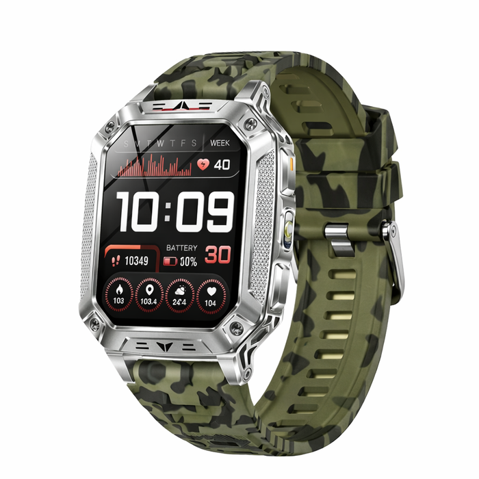 Smart Watch 1400mah Battery Outdoor Fitness Tracker Ip68 Waterproof Bluetooth Call Sos Flashlight Camouflage Green
