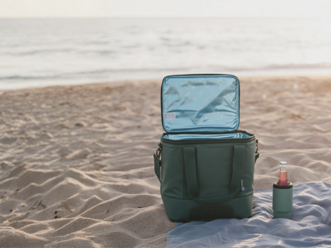 cooler bag on the beach with drink in stubby holder