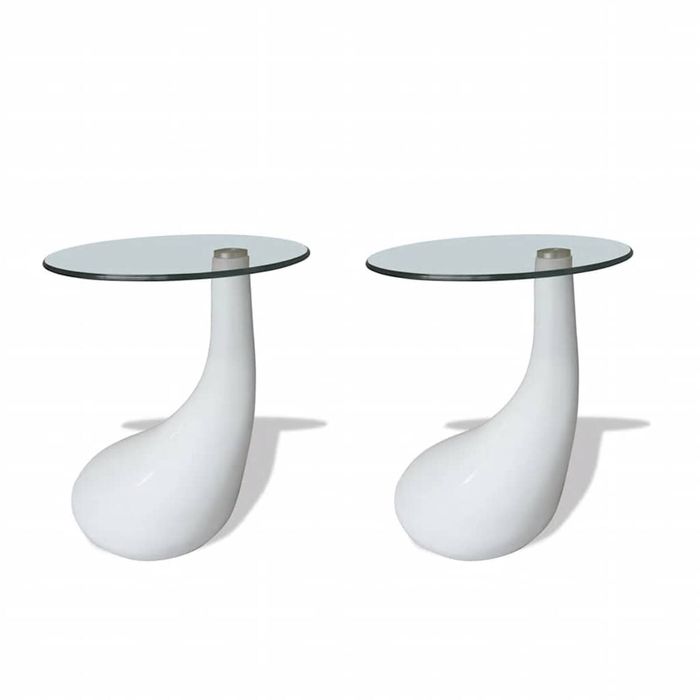 2pc Modern High Gloss Glass Top Drop Coffee Table White Side Dinner Office Home