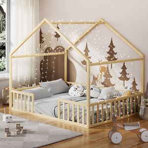 Oikiture Double House Bed Kids Wooden Bed Frame Natural