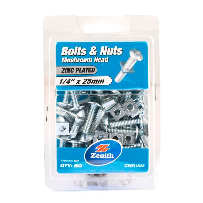 Zenith 1/4" x 25mm Zinc Plated Mushroom Head Bolts And Nuts - 50 Pack