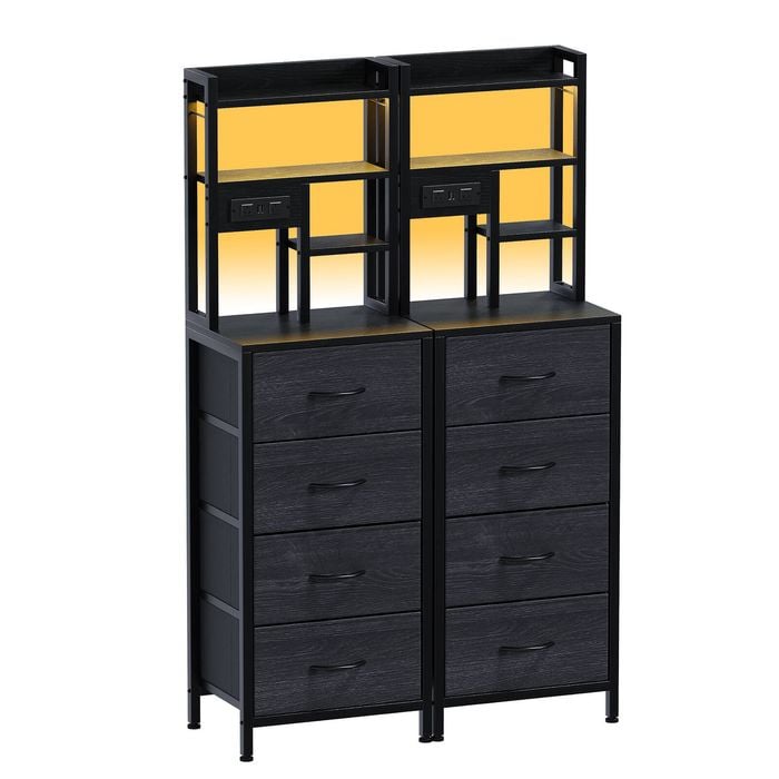 Ufurniture 2x tall Led Nightstand With Charging Station, Bedside Table With 4 Drawers Black