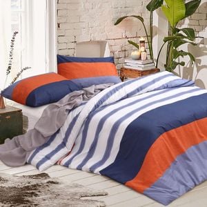 100% Cotton Super king Quilt Cover Set - Kara - White/Blue/Rust