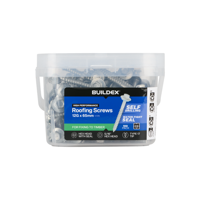 Buildex 12G x 65mm Class 3 Roofing Screws with Seal - 100 Pack