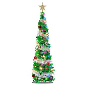 Catzon 5Ft Pop Up Christmas Tree DIY Pencil Tree with 50 Color Lights Xmas Party Decorations-GreenSilver