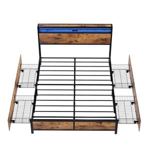 Ufurniture Metal Bed Frame with Charging Station & RGB LED Lights 4 Underbed Storage Drawers Double Rustic Brown