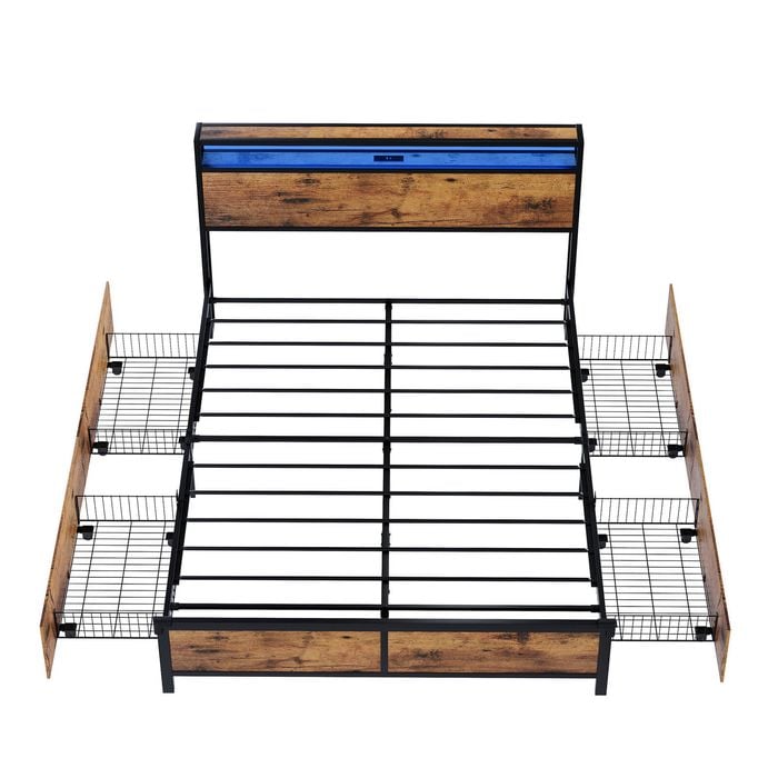 Ufurniture Metal Bed Frame with Charging Station & RGB LED Lights 4 Underbed Storage Drawers Double Rustic Brown