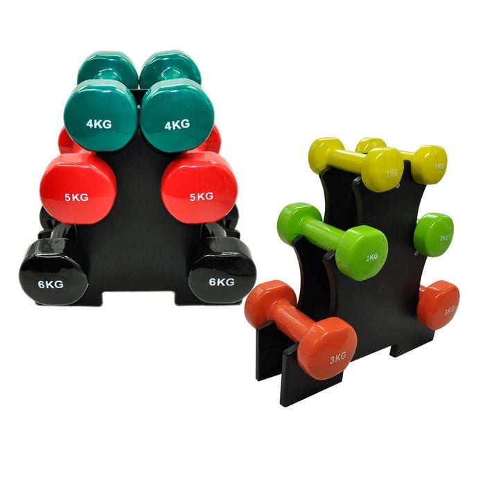 6 Pairs PVC Dumbbell Set Weight - 1-2-3-4-5-6kg - Total 42kg With 2 Free Racks