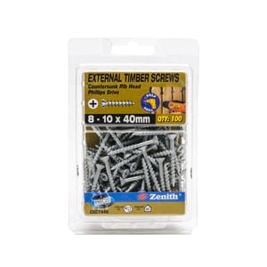 Zenith 8 - 10 x 40mm Galvanised Countersunk Rib Head Timber Screws - 100 Pack