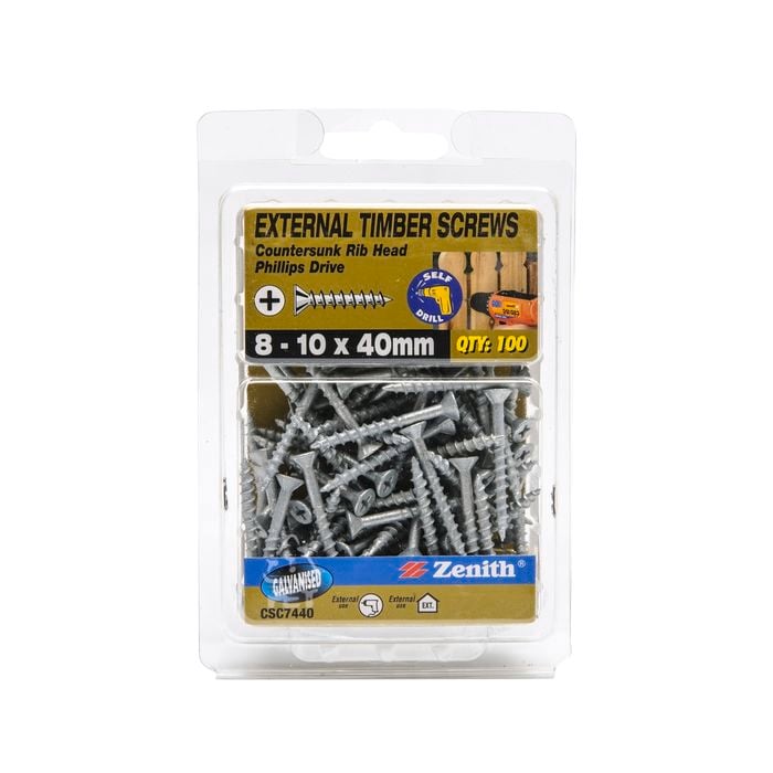 Zenith 8 - 10 x 40mm Galvanised Countersunk Rib Head Timber Screws - 100 Pack