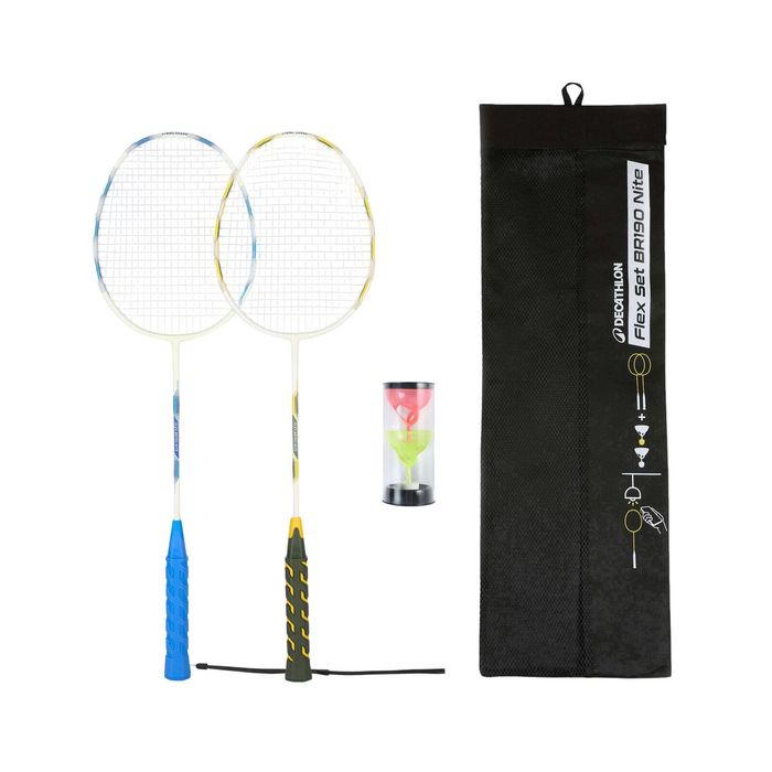 Decathlon - Glow In Dark Adult Badminton Racket Set Flex Set Br190 Nite Blue Yellow - One Size