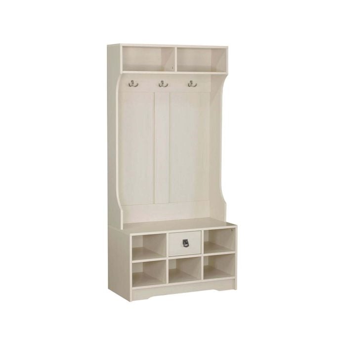 Maestro Furniture Lorrel Modern Hall Tree Coat Rack & Shoe Rack Storage Cabinet - Antique White