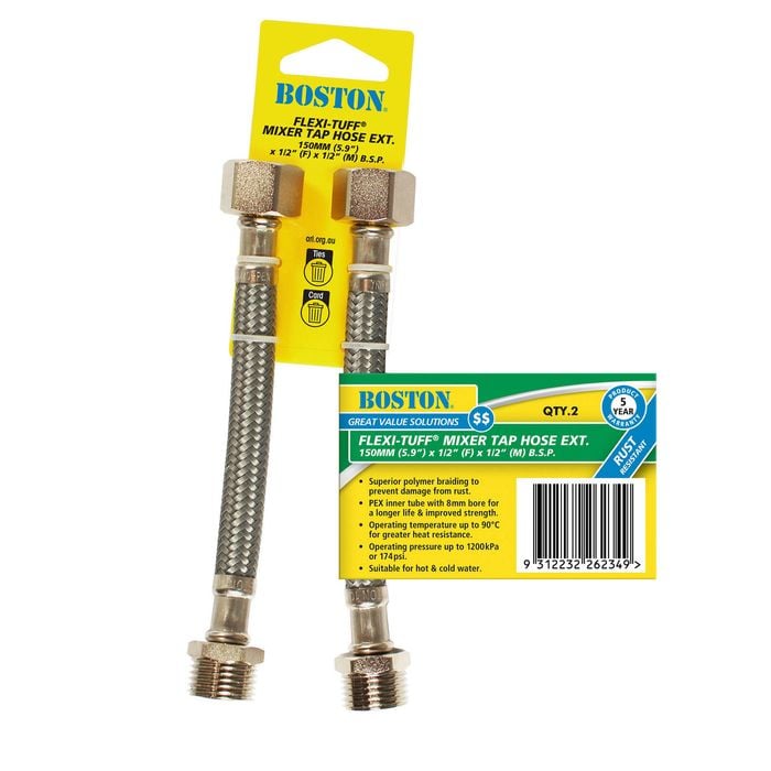 BOSTON 150mm Polymer Braided Mixer Tap Hose Extension - 2 Pack