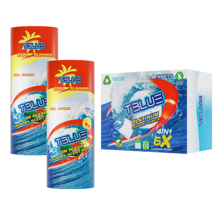 TBLUE Twin Pack In-Wash Scent Booster + Laundry 100 Sheets Bundle – Deal Summer 250g