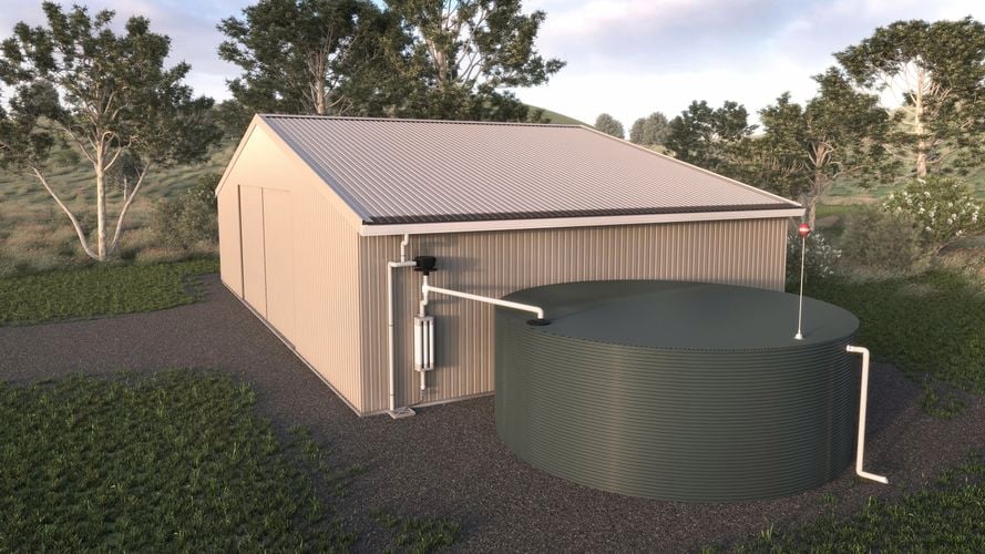 A shed with a large round green water tank on the side.