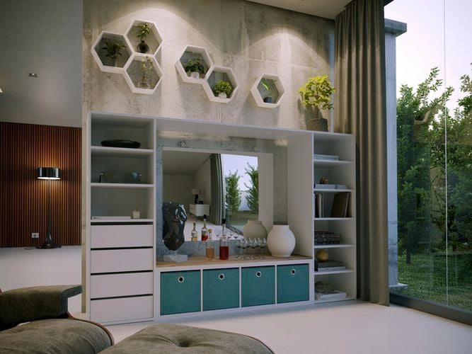 A cube shelving unit against a wall, couch and a glass window in a lounge room