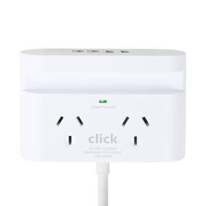 Click Fast Charging 2 Outlet White Powerboard with USB A & C Ports and Phone holder
