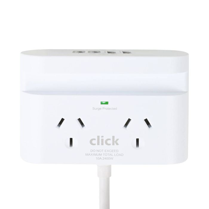 Click Fast Charging 2 Outlet White Powerboard with USB A & C Ports and Phone holder