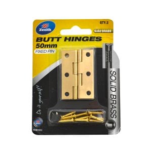 Zenith 50 x 27 x 1.3mm Brass Fixed Pin Butt Hinge - 2 Pack
