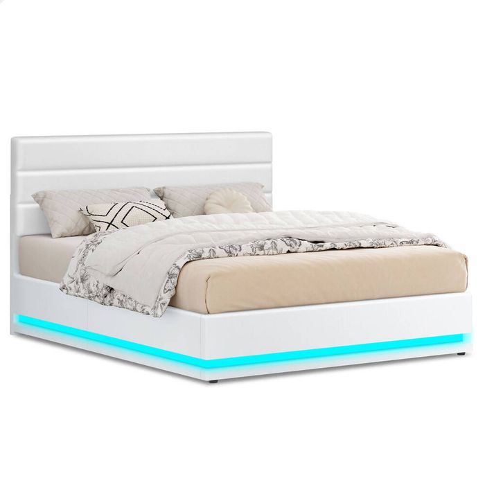 ALFORDSON Bed Frame King Platform RGB LED Gas Lift Base White