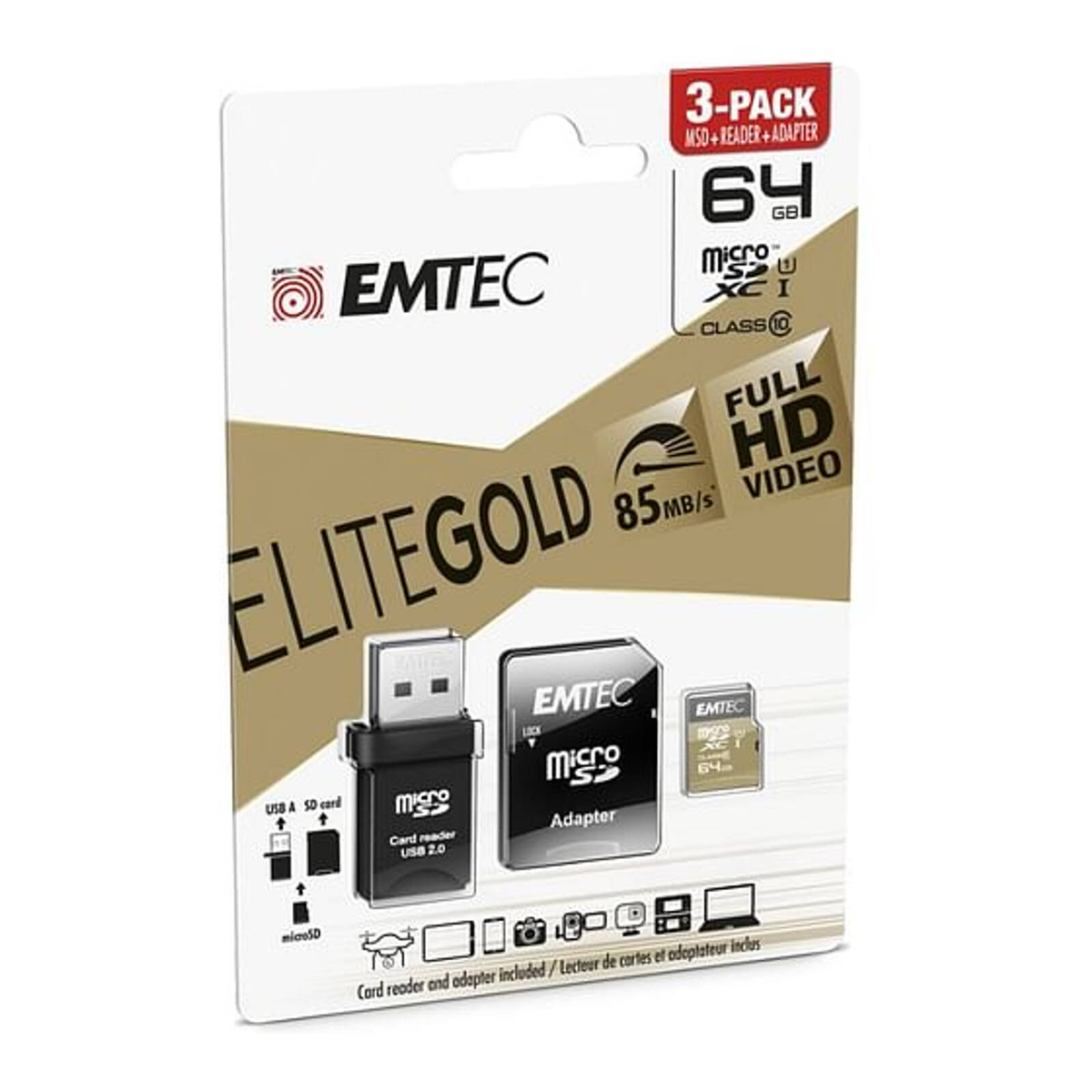 Emtec EliteGold 64GB MicroSDXC with Card Reader and USB Adapter ...
