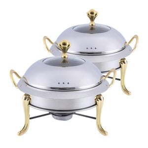 SOGA 2X Stainless Steel Round Chafing Dishes with Glass Lids & Gold Accents