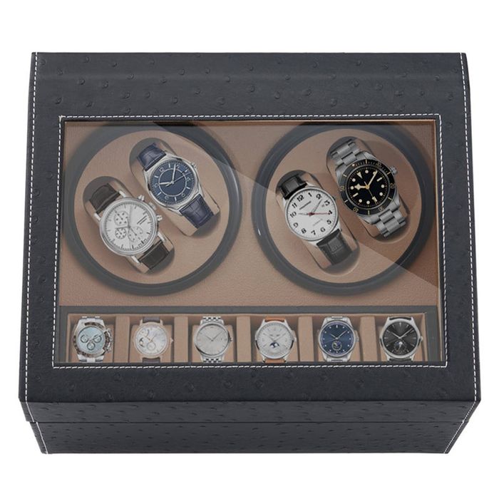 Catzon Watch Winder Display Box With Quiet Motor And 6 Jewellery Display Grids-blackostrichpattern